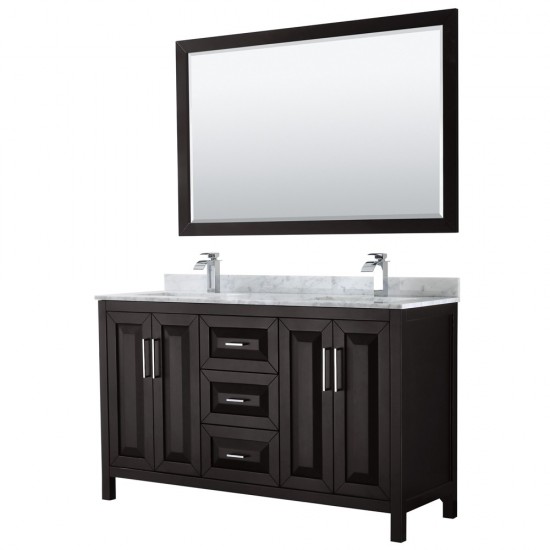 60 Inch Double Bathroom Vanity in Dark Espresso, White Carrara Marble Countertop, Sinks, 58 Inch Mirror