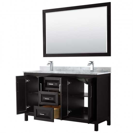 60 Inch Double Bathroom Vanity in Dark Espresso, White Carrara Marble Countertop, Sinks, 58 Inch Mirror