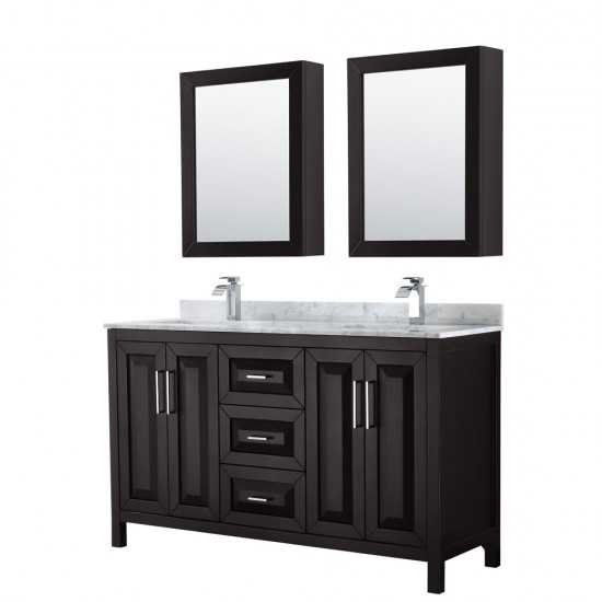 60 Inch Double Bathroom Vanity in Dark Espresso, White Carrara Marble Countertop, Sinks, Medicine Cabinets