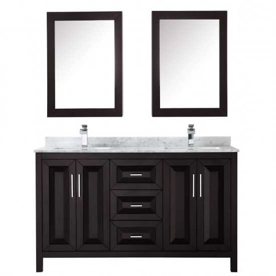 60 Inch Double Bathroom Vanity in Dark Espresso, White Carrara Marble Countertop, Sinks, Medicine Cabinets