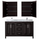 60 Inch Double Bathroom Vanity in Dark Espresso, White Carrara Marble Countertop, Sinks, Medicine Cabinets