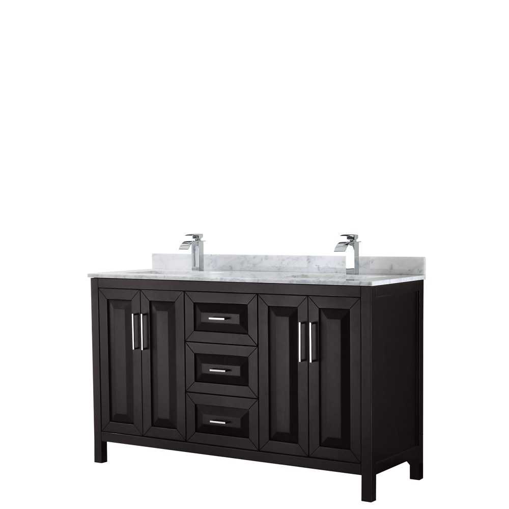 60 Inch Double Bathroom Vanity in Dark Espresso, White Carrara Marble Countertop, Sinks, No Mirror