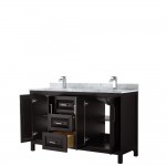 60 Inch Double Bathroom Vanity in Dark Espresso, White Carrara Marble Countertop, Sinks, No Mirror