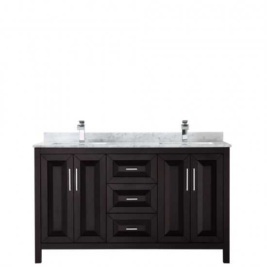 60 Inch Double Bathroom Vanity in Dark Espresso, White Carrara Marble Countertop, Sinks, No Mirror