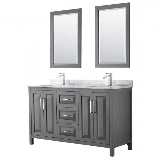 60 Inch Double Bathroom Vanity in Dark Gray, White Carrara Marble Countertop, Sinks, 24 Inch Mirrors