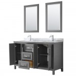 60 Inch Double Bathroom Vanity in Dark Gray, White Carrara Marble Countertop, Sinks, 24 Inch Mirrors