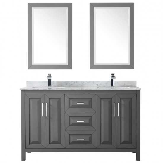 60 Inch Double Bathroom Vanity in Dark Gray, White Carrara Marble Countertop, Sinks, 24 Inch Mirrors