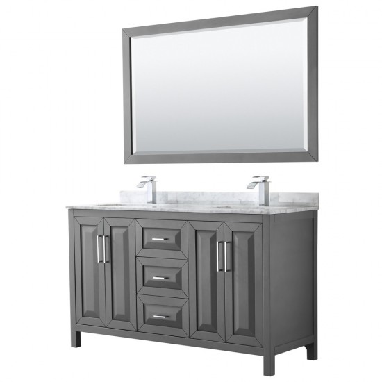 60 Inch Double Bathroom Vanity in Dark Gray, White Carrara Marble Countertop, Sinks, 58 Inch Mirror