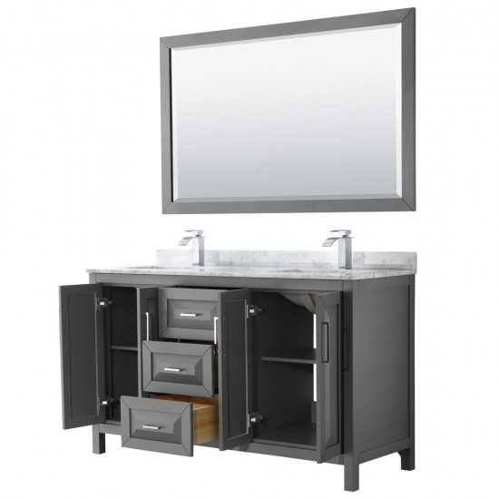 60 Inch Double Bathroom Vanity in Dark Gray, White Carrara Marble Countertop, Sinks, 58 Inch Mirror