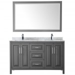 60 Inch Double Bathroom Vanity in Dark Gray, White Carrara Marble Countertop, Sinks, 58 Inch Mirror