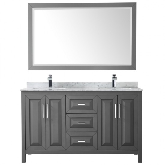 60 Inch Double Bathroom Vanity in Dark Gray, White Carrara Marble Countertop, Sinks, 58 Inch Mirror