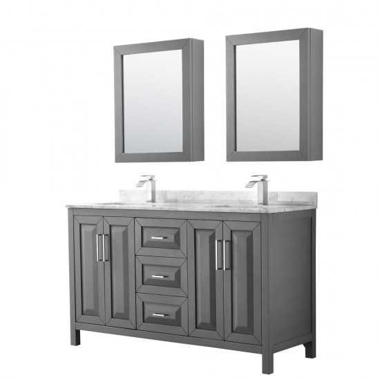 60 Inch Double Bathroom Vanity in Dark Gray, White Carrara Marble Countertop, Sinks, Medicine Cabinets