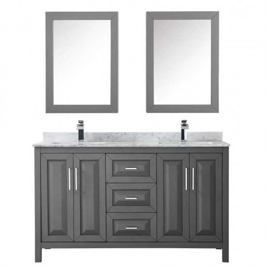 60 Inch Double Bathroom Vanity in Dark Gray, White Carrara Marble Countertop, Sinks, Medicine Cabinets
