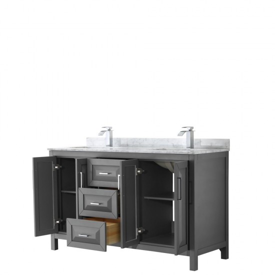 60 Inch Double Bathroom Vanity in Dark Gray, White Carrara Marble Countertop, Sinks, No Mirror