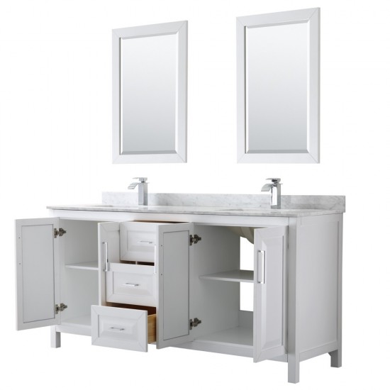 72 Inch Double Bathroom Vanity in White, White Carrara Marble Countertop, Sinks, 24 Inch Mirrors