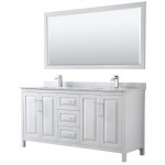 72 Inch Double Bathroom Vanity in White, White Carrara Marble Countertop, Sinks, 70 Inch Mirror