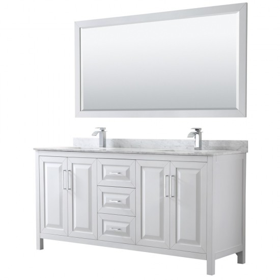 72 Inch Double Bathroom Vanity in White, White Carrara Marble Countertop, Sinks, 70 Inch Mirror