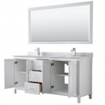 72 Inch Double Bathroom Vanity in White, White Carrara Marble Countertop, Sinks, 70 Inch Mirror