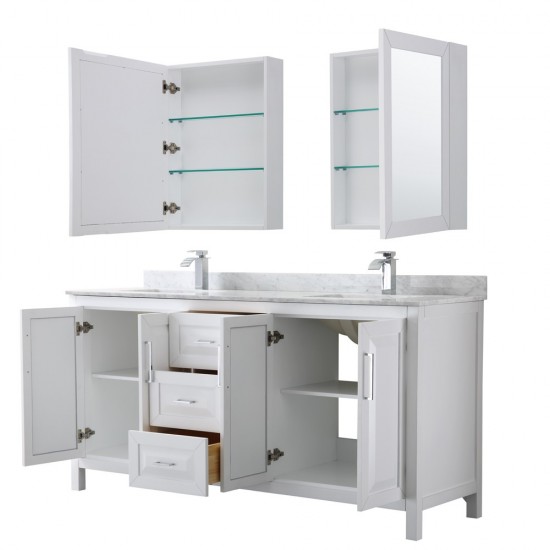 72 Inch Double Bathroom Vanity in White, White Carrara Marble Countertop, Sinks, Medicine Cabinets