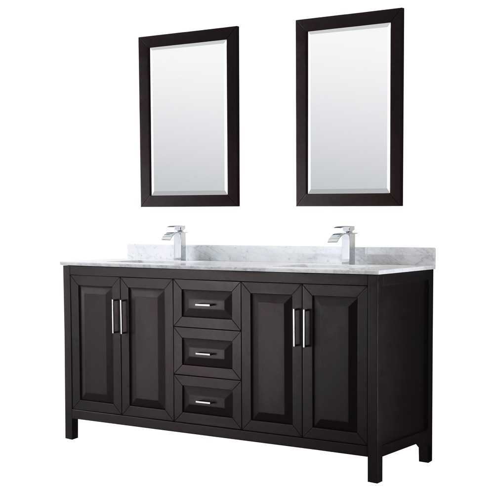 72 Inch Double Bathroom Vanity in Dark Espresso, White Carrara Marble Countertop, Sinks, 24 Inch Mirrors