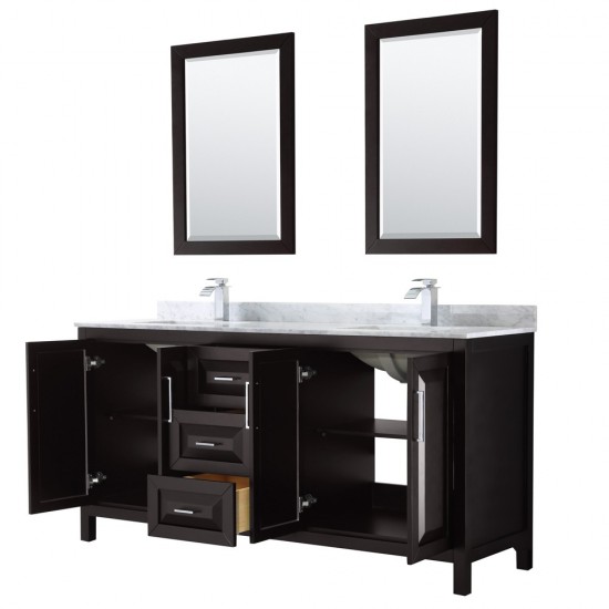 72 Inch Double Bathroom Vanity in Dark Espresso, White Carrara Marble Countertop, Sinks, 24 Inch Mirrors