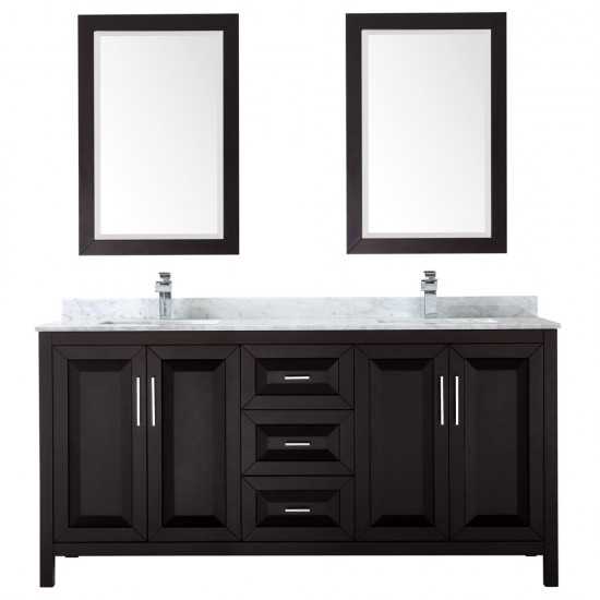 72 Inch Double Bathroom Vanity in Dark Espresso, White Carrara Marble Countertop, Sinks, 24 Inch Mirrors