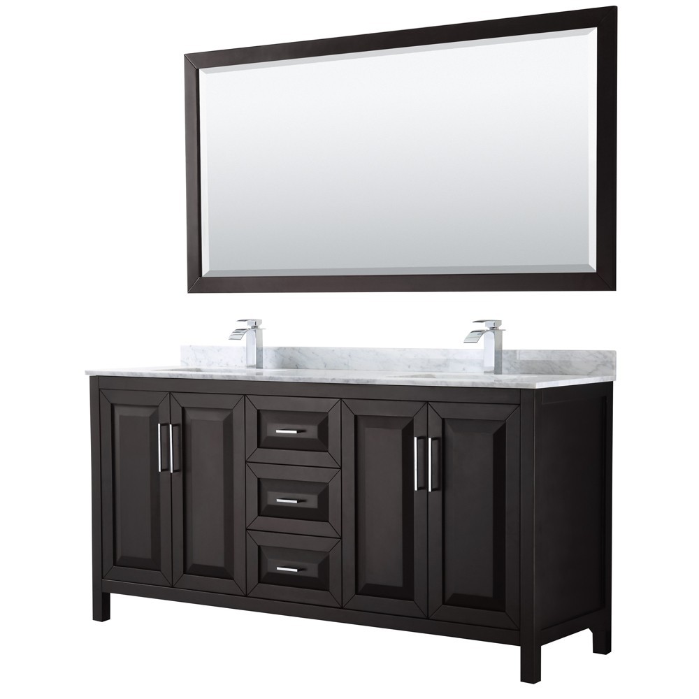 72 Inch Double Bathroom Vanity in Dark Espresso, White Carrara Marble Countertop, Sinks, 70 Inch Mirror