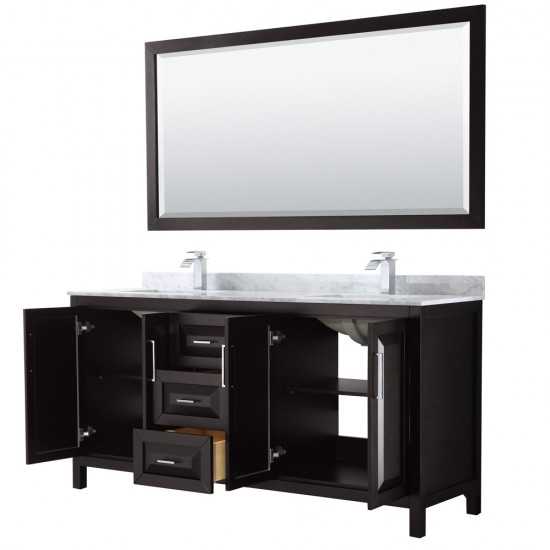 72 Inch Double Bathroom Vanity in Dark Espresso, White Carrara Marble Countertop, Sinks, 70 Inch Mirror