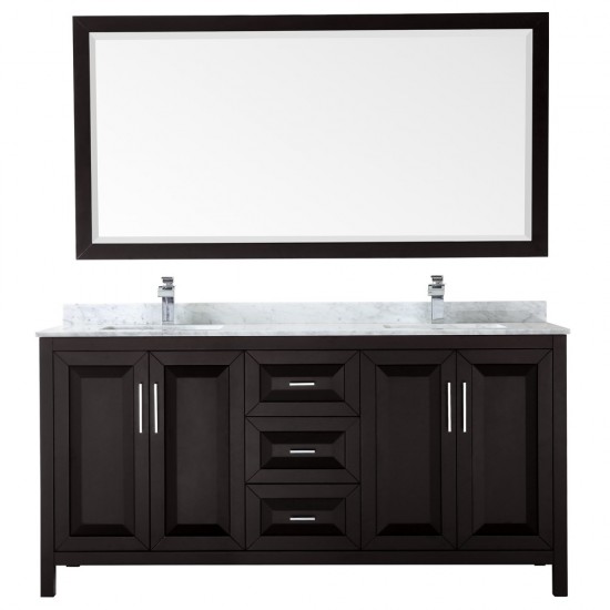 72 Inch Double Bathroom Vanity in Dark Espresso, White Carrara Marble Countertop, Sinks, 70 Inch Mirror