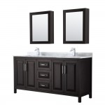 72 Inch Double Bathroom Vanity in Dark Espresso, White Carrara Marble Countertop, Sinks, Medicine Cabinets