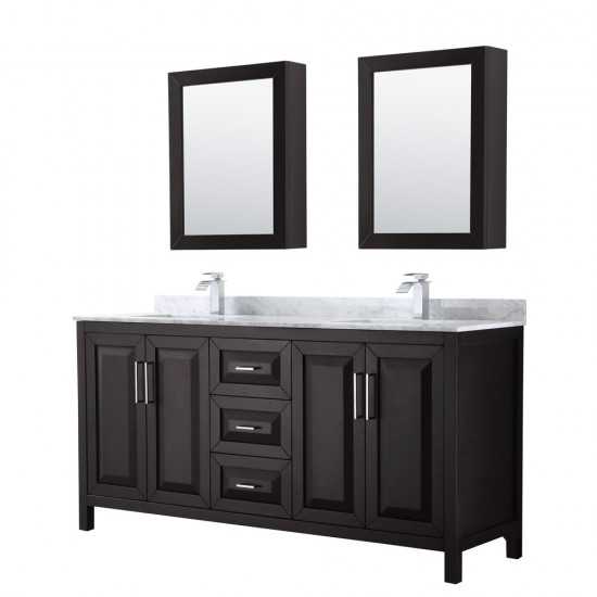 72 Inch Double Bathroom Vanity in Dark Espresso, White Carrara Marble Countertop, Sinks, Medicine Cabinets