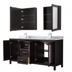 72 Inch Double Bathroom Vanity in Dark Espresso, White Carrara Marble Countertop, Sinks, Medicine Cabinets