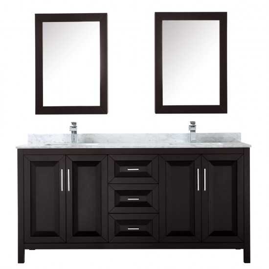 72 Inch Double Bathroom Vanity in Dark Espresso, White Carrara Marble Countertop, Sinks, Medicine Cabinets