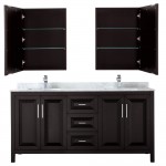 72 Inch Double Bathroom Vanity in Dark Espresso, White Carrara Marble Countertop, Sinks, Medicine Cabinets