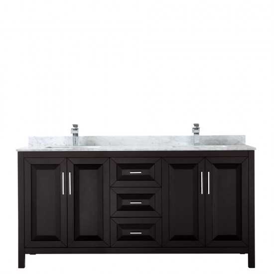 72 Inch Double Bathroom Vanity in Dark Espresso, White Carrara Marble Countertop, Sinks, No Mirror