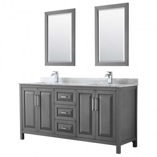 72 Inch Double Bathroom Vanity in Dark Gray, White Carrara Marble Countertop, Sinks, 24 Inch Mirrors