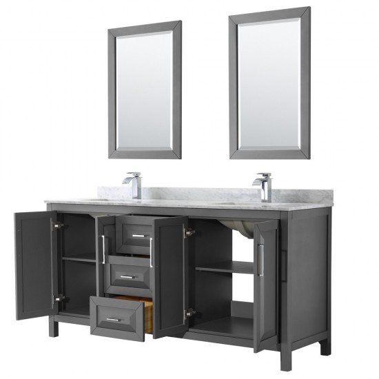 72 Inch Double Bathroom Vanity in Dark Gray, White Carrara Marble Countertop, Sinks, 24 Inch Mirrors