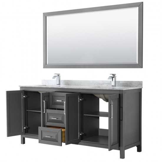 72 Inch Double Bathroom Vanity in Dark Gray, White Carrara Marble Countertop, Sinks, 70 Inch Mirror