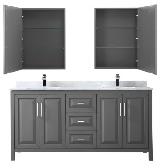 72 Inch Double Bathroom Vanity in Dark Gray, White Carrara Marble Countertop, Sinks, Medicine Cabinets