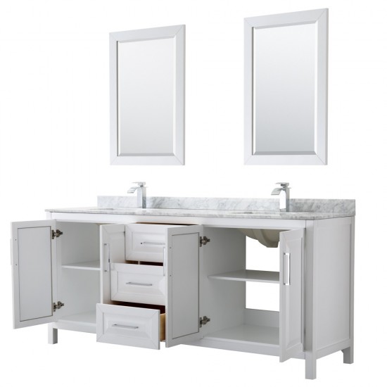 80 Inch Double Bathroom Vanity in White, White Carrara Marble Countertop, Sinks, 24 Inch Mirrors