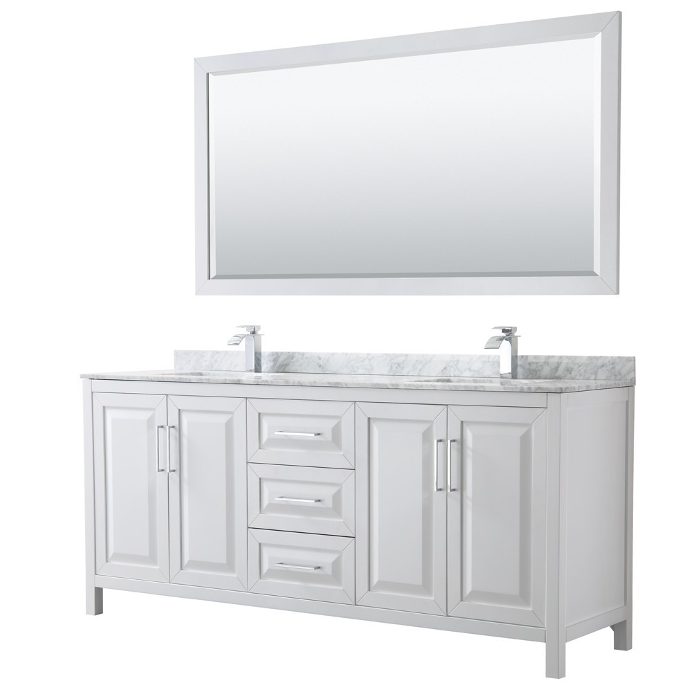 80 Inch Double Bathroom Vanity in White, White Carrara Marble Countertop, Sinks, 70 Inch Mirror