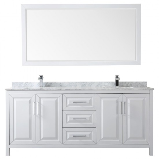 80 Inch Double Bathroom Vanity in White, White Carrara Marble Countertop, Sinks, 70 Inch Mirror