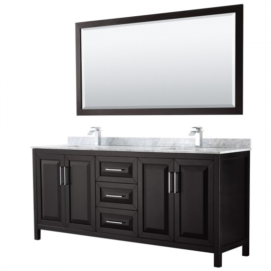 80 Inch Double Bathroom Vanity in Dark Espresso, White Carrara Marble Countertop, Sinks, 70 Inch Mirror