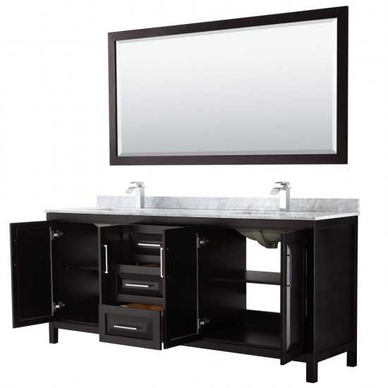 80 Inch Double Bathroom Vanity in Dark Espresso, White Carrara Marble Countertop, Sinks, 70 Inch Mirror