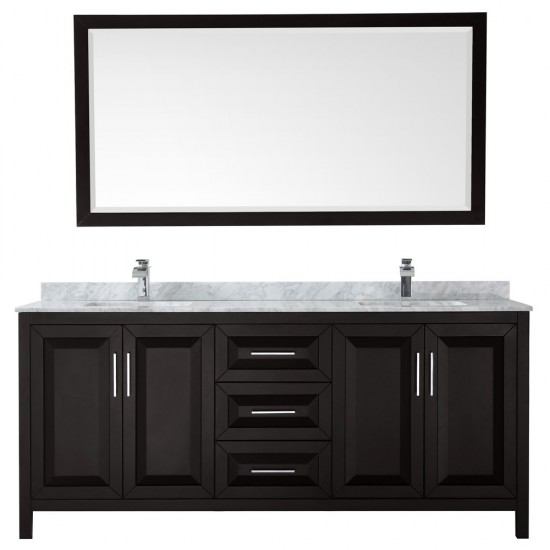 80 Inch Double Bathroom Vanity in Dark Espresso, White Carrara Marble Countertop, Sinks, 70 Inch Mirror