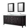 80 Inch Double Bathroom Vanity in Dark Espresso, White Carrara Marble Countertop, Sinks, Medicine Cabinets