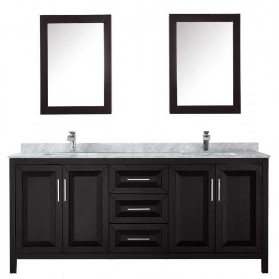 80 Inch Double Bathroom Vanity in Dark Espresso, White Carrara Marble Countertop, Sinks, Medicine Cabinets