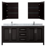 80 Inch Double Bathroom Vanity in Dark Espresso, White Carrara Marble Countertop, Sinks, Medicine Cabinets