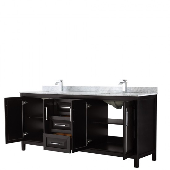 80 Inch Double Bathroom Vanity in Dark Espresso, White Carrara Marble Countertop, Sinks, No Mirror