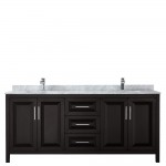 80 Inch Double Bathroom Vanity in Dark Espresso, White Carrara Marble Countertop, Sinks, No Mirror